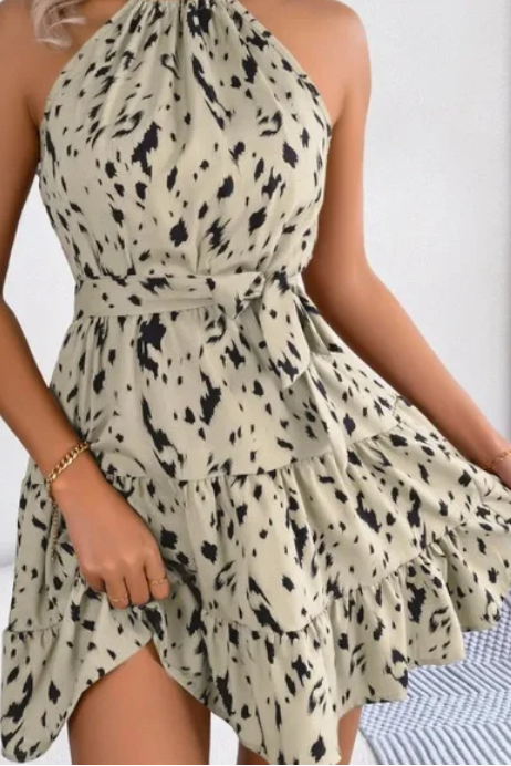 Apricot Halter Leopard Print Tiered Mini Dress