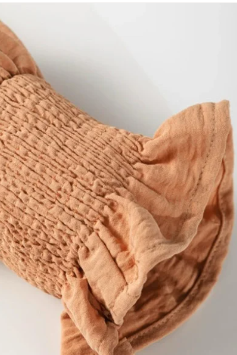 Golden Tan Long Sleeved Shirred Cuff V Neck Blouse