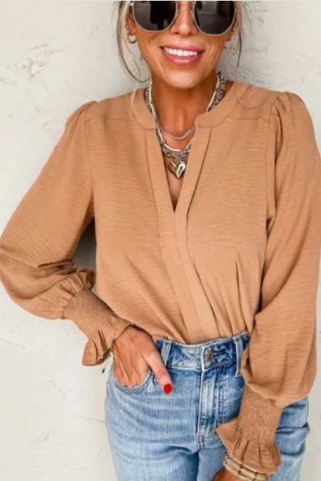 Golden Tan Long Sleeved Shirred Cuff V Neck Blouse