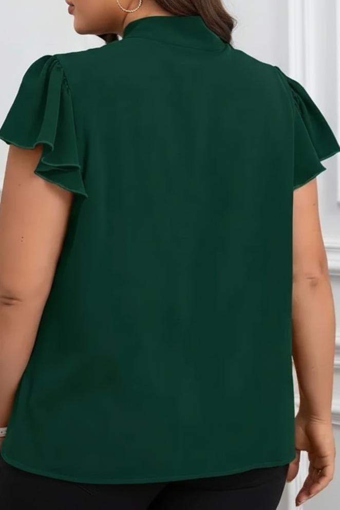 Dark Green Ruffled Short Sleeve with Bow Blouse Plus Size