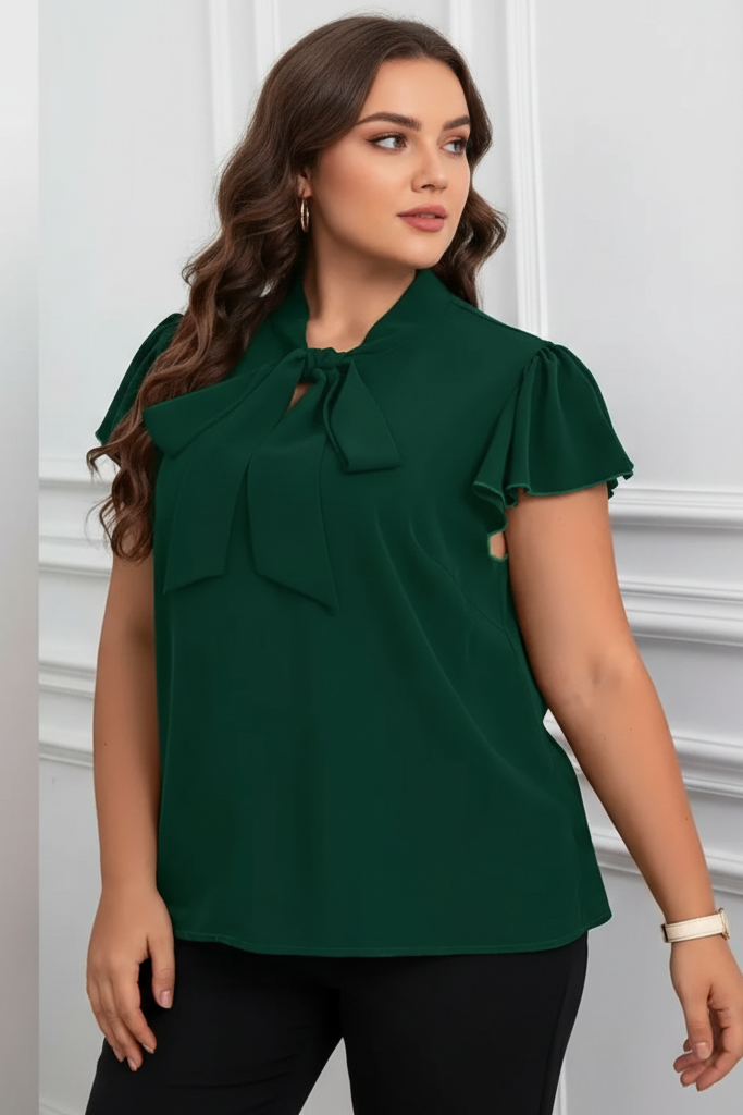 Dark Green Ruffled Short Sleeve with Bow Blouse Plus Size