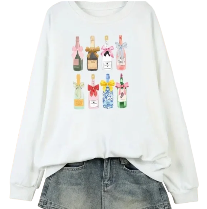 Colorful Champagne Bottle Print White Sweatshirt