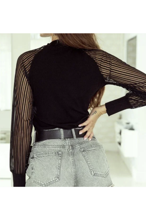 Black Striped Mesh Long Sleeve Crewneck Ribbed Top