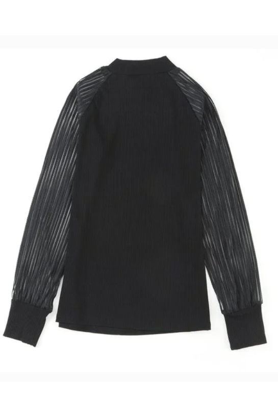 Black Striped Mesh Long Sleeve Crewneck Ribbed Top