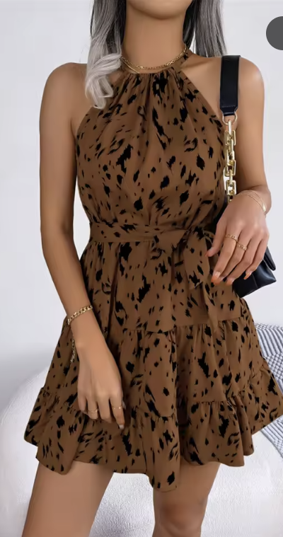 Apricot or Brown Halter Leopard Print Tiered Mini Dress