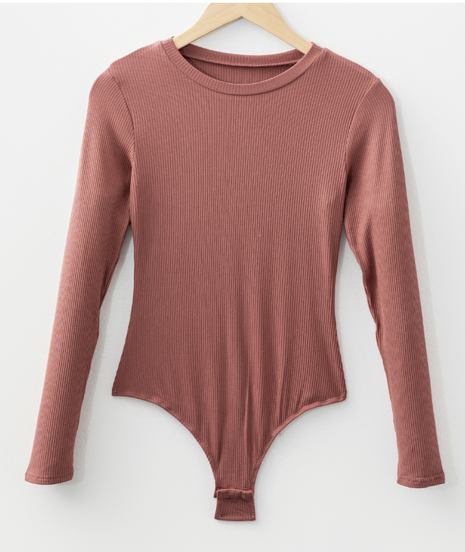 Mineral Red Ribbed Long Sleeve Crew Neck Solid Color Bodysuit