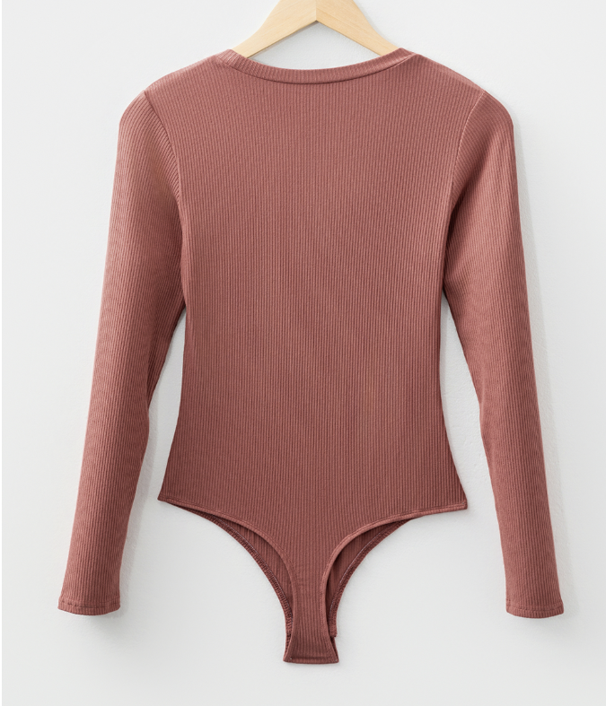 Mineral Red Ribbed Long Sleeve Crew Neck Solid Color Bodysuit