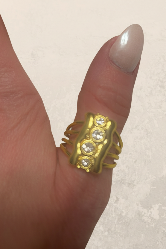 Gold Plated Geometric Round Cubic Zirconia Fashion Statement Ring