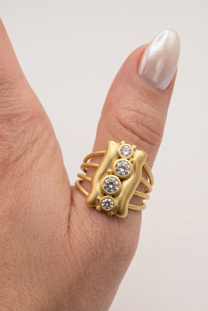 Gold Plated Geometric Round Cubic Zirconia Fashion Statement Ring