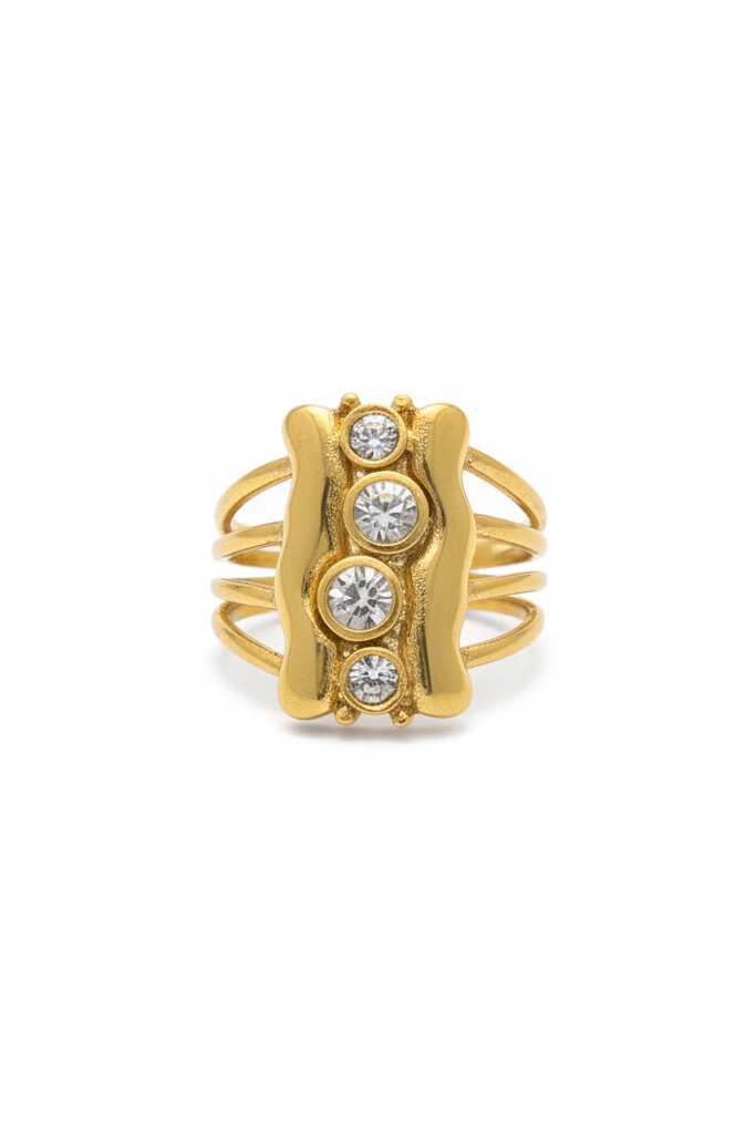Gold Plated Geometric Round Cubic Zirconia Fashion Statement Ring