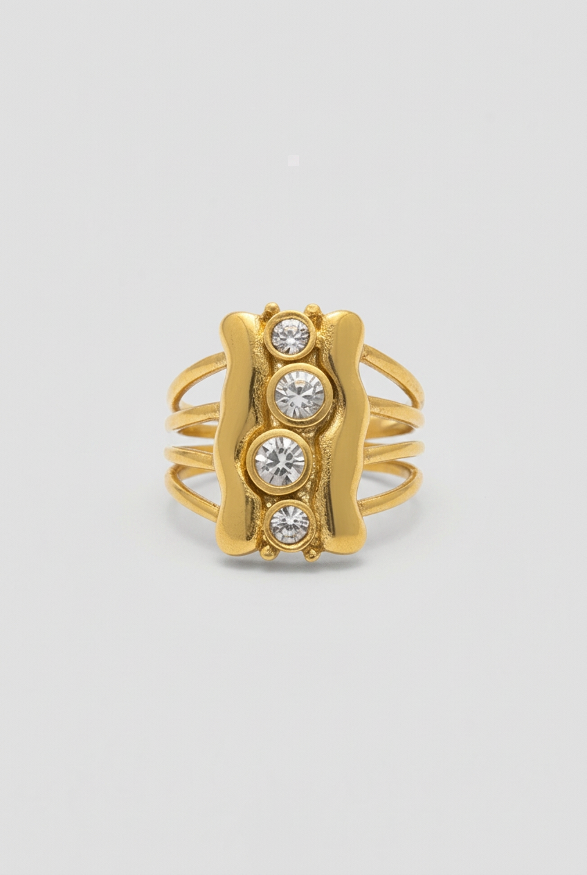 Gold Plated Geometric Round Cubic Zirconia Fashion Statement Ring