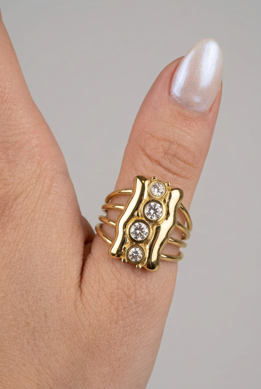 Gold Plated Geometric Round Cubic Zirconia Fashion Statement Ring