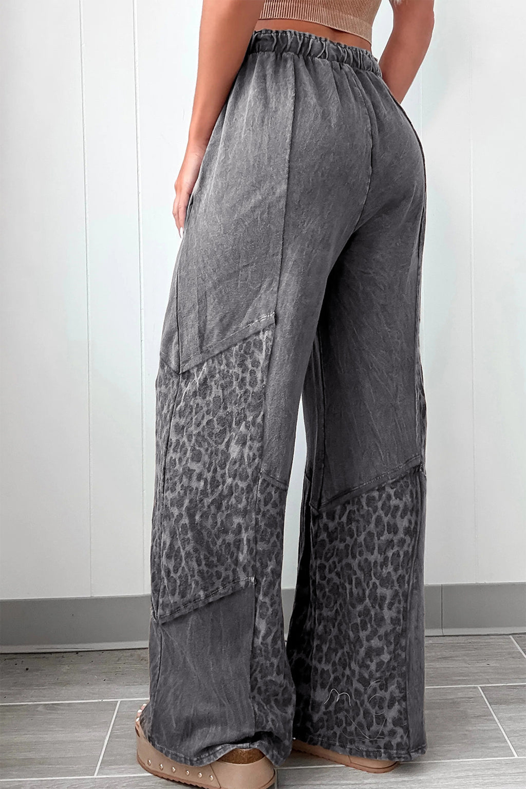 Coffee or Dark Grey Mineral Wash Leopard Patchwork Loose Pants