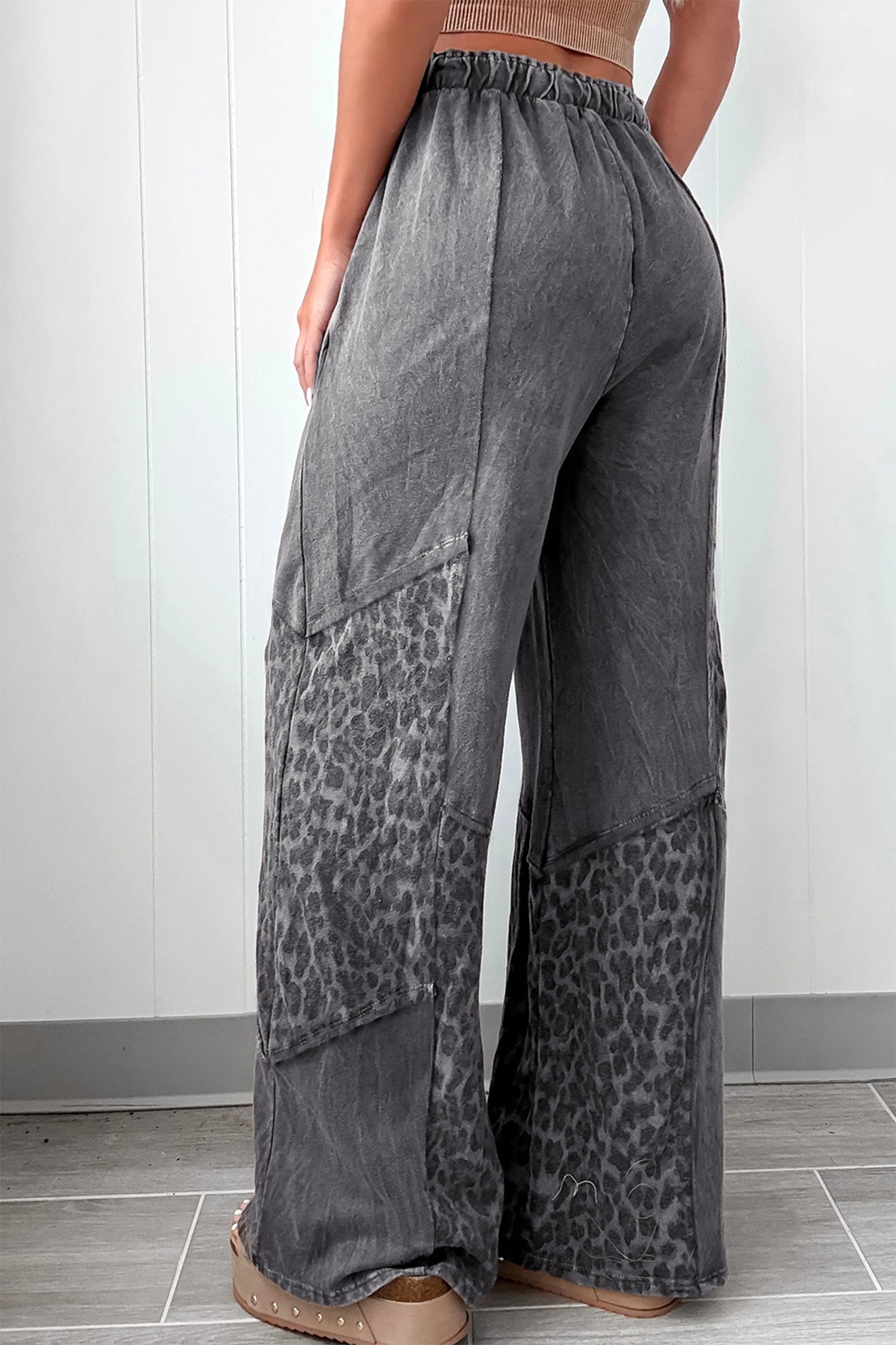 Coffee or Dark Grey Mineral Wash Leopard Patchwork Loose Pants