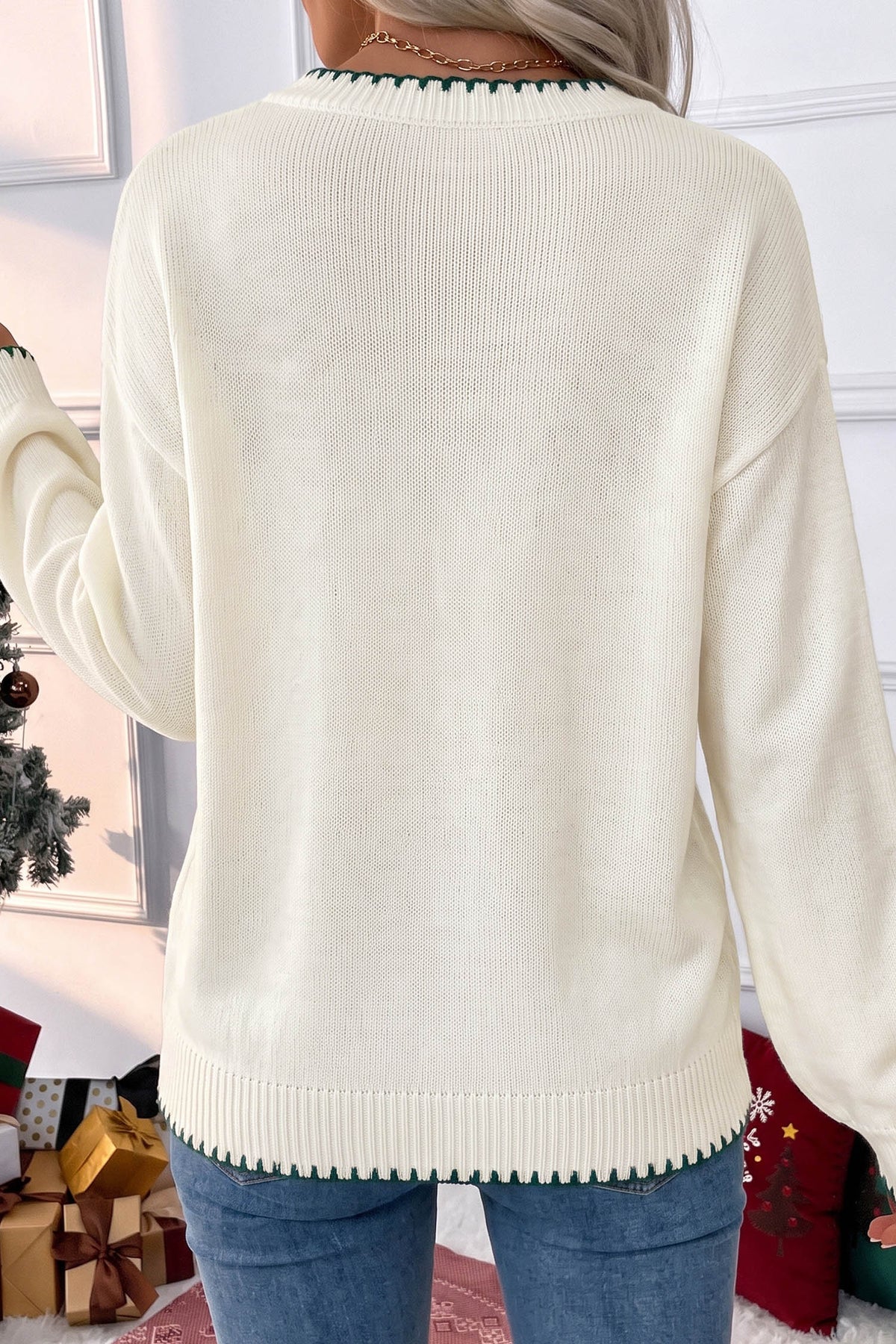 Racing Red Stitched Detail Christmas Tree Holiday Casual Sweater