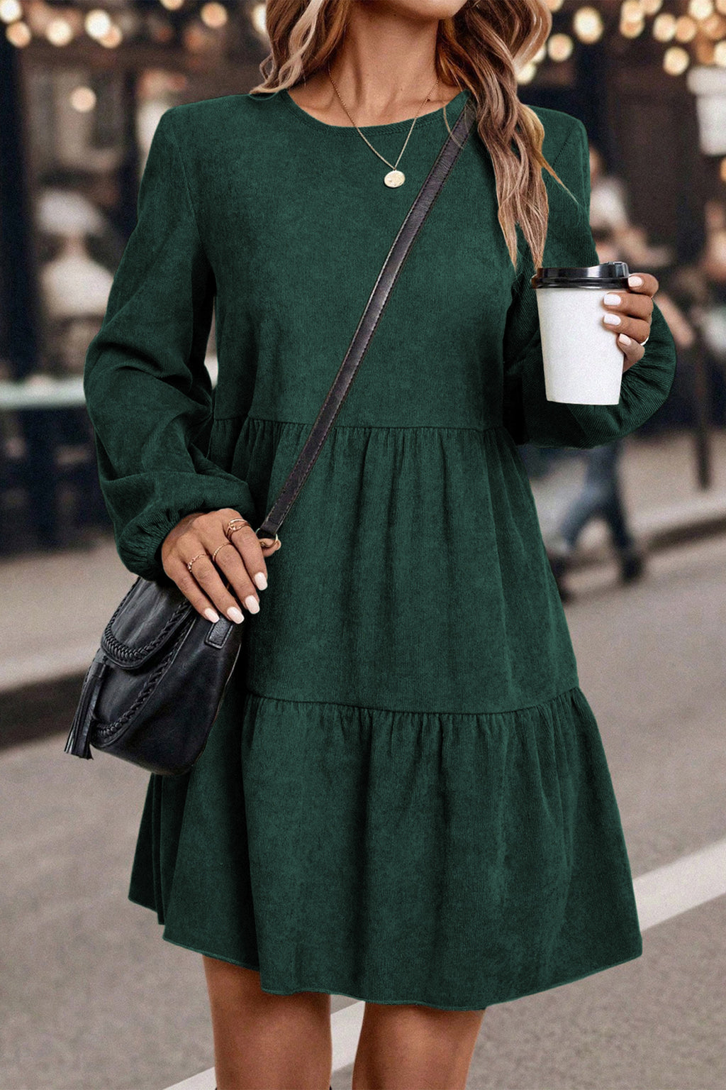 Mist Green Lantern Sleeve Tiered Mini Dress