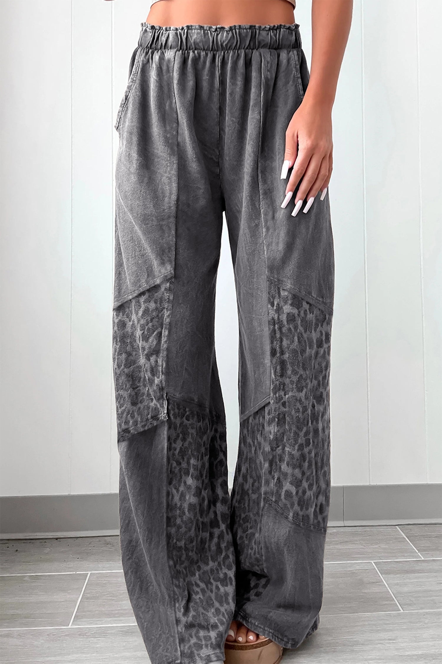 Coffee or Dark Grey Mineral Wash Leopard Patchwork Loose Pants