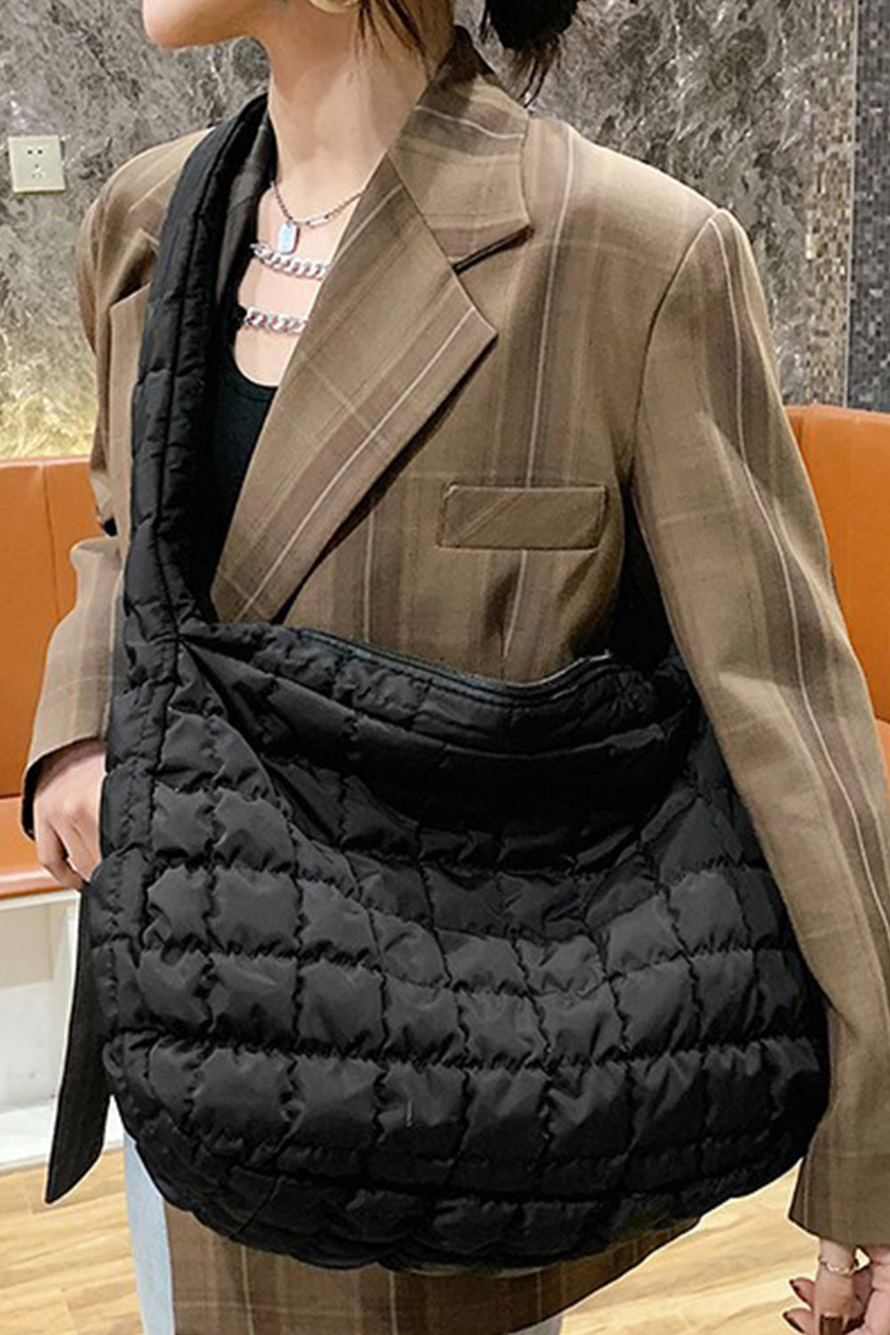 Light French Beige or Black Quilted Zipper Large Shoulder Bag