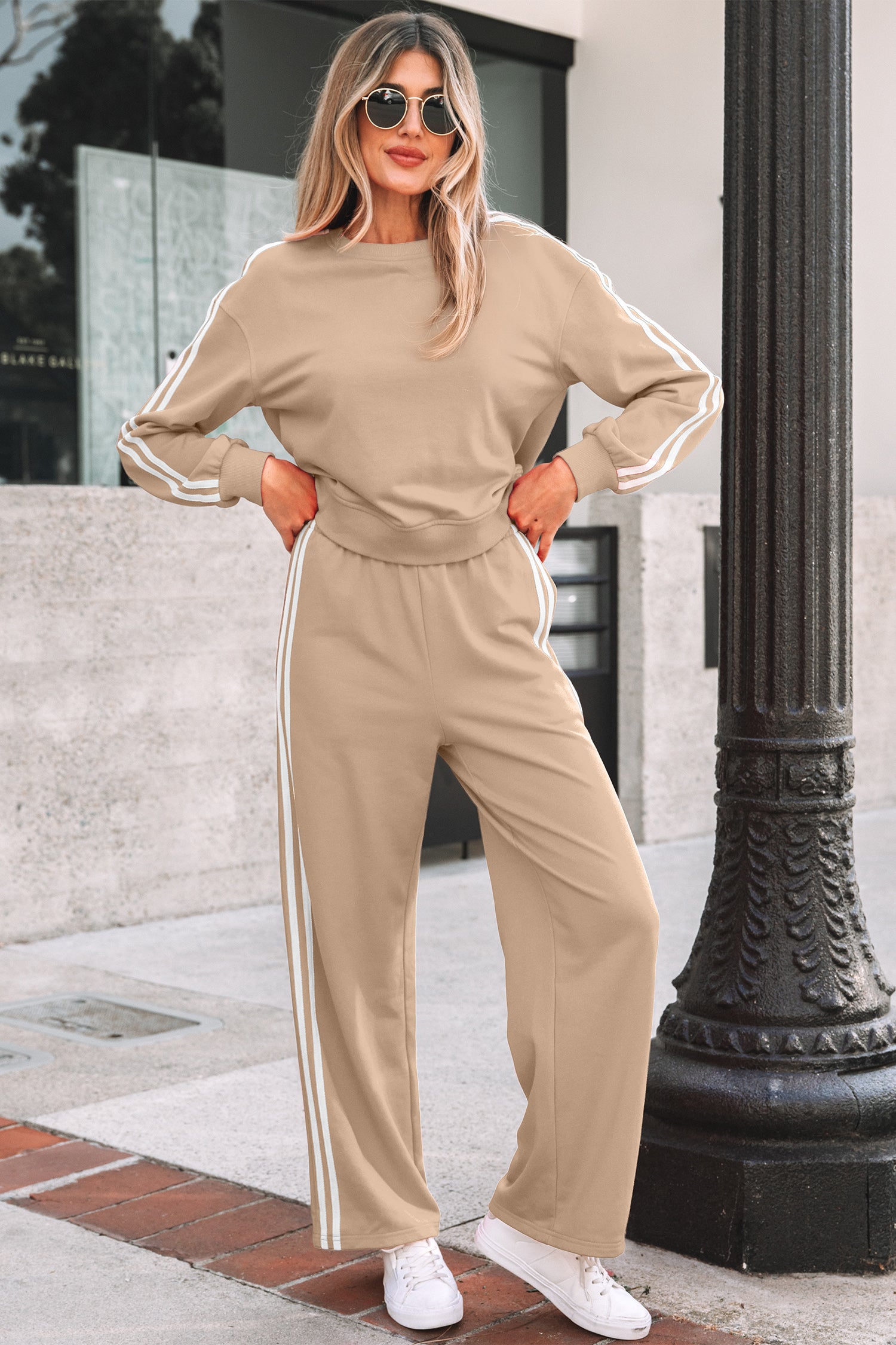 Dirty blue Varsity Striped Detail Crewneck Pullover Elastic Sweatpants 2pcs Outfit