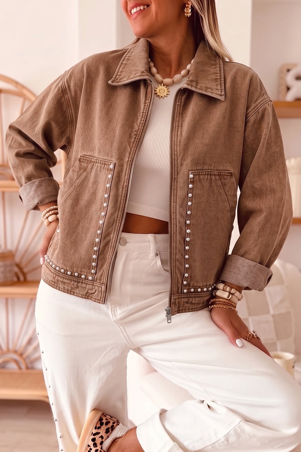 Coffee Studded Metal Zipper Rivet Pockets Long Sleeve Denim Jacket