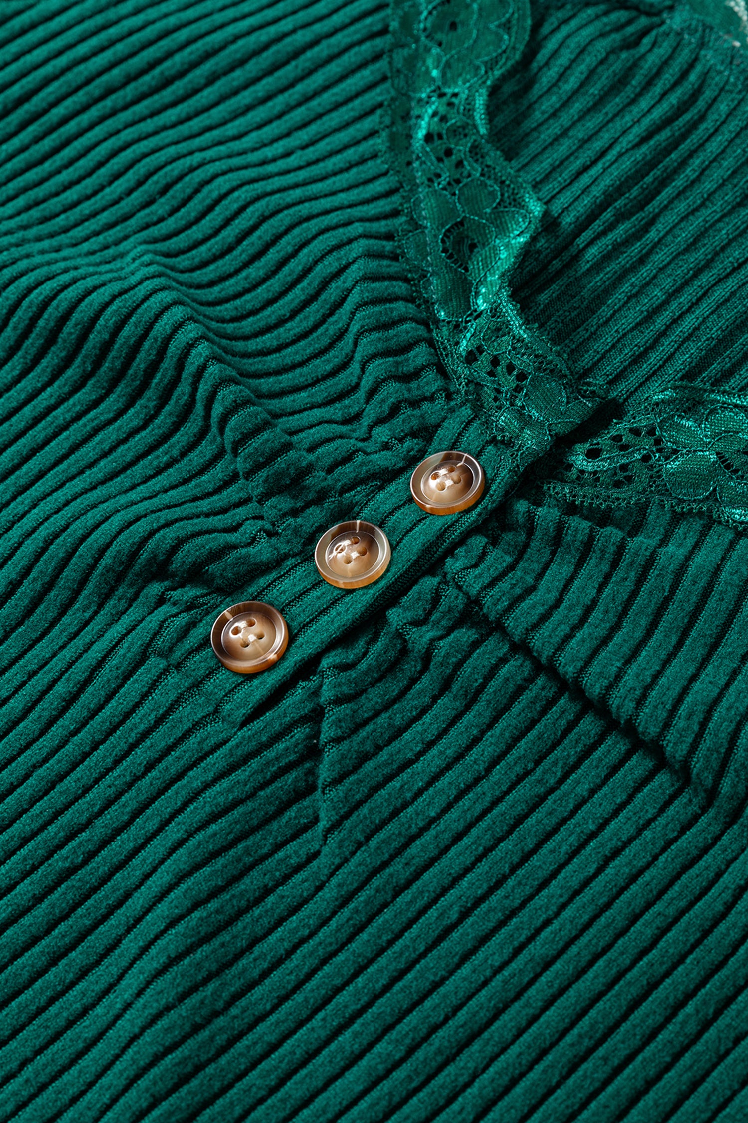 Beige Lace Neckline Button Decor Lettuce Edge Long Sleeve Ribbed Top