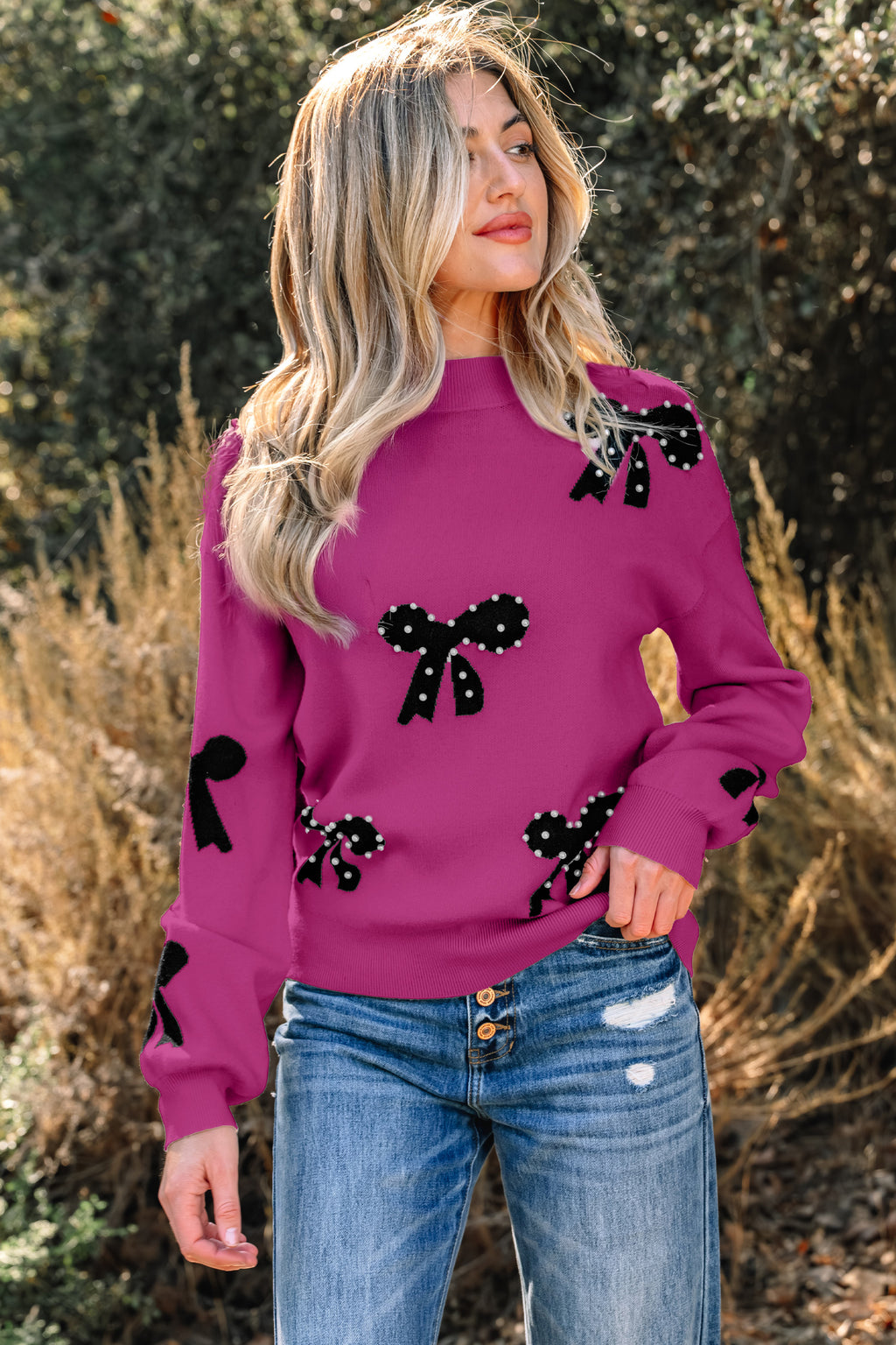 Bright Pink Pearl Embellished Bow Pattern Loose Sweater