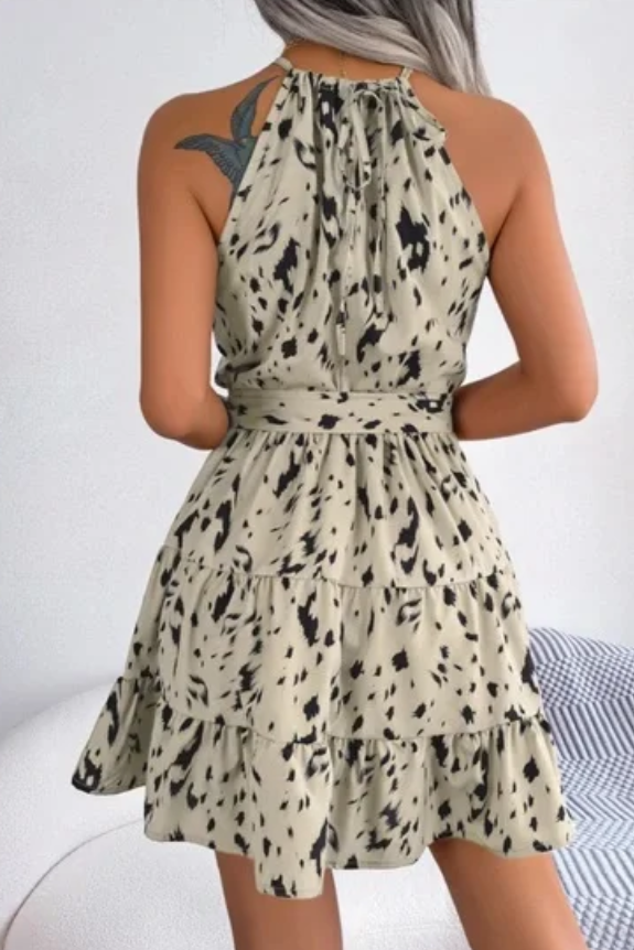 Apricot Halter Leopard Print Tiered Mini Dress