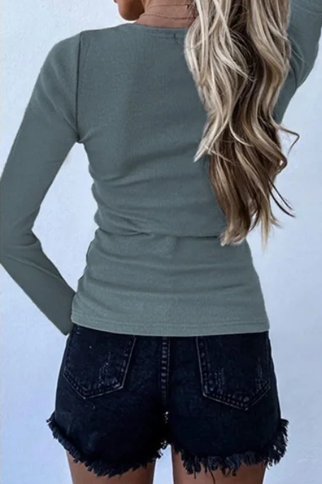 Sky Blue Scoop Neck Button Front Long Sleeve Knitted Top