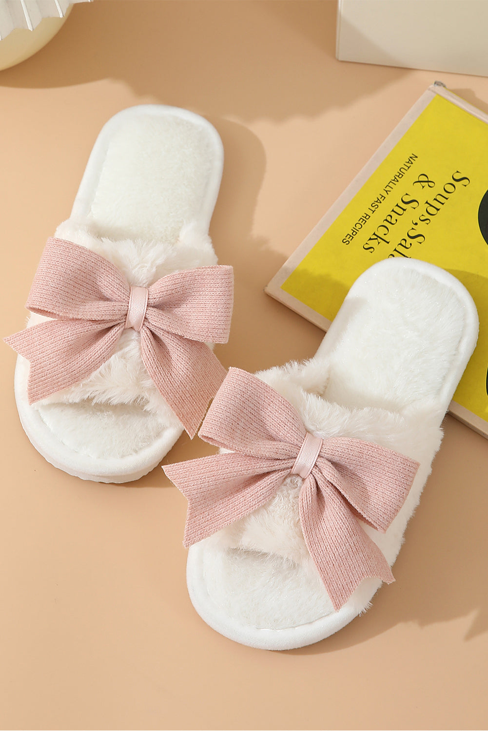 Cozy White and Pink Bow Knot Open Toe Slippers