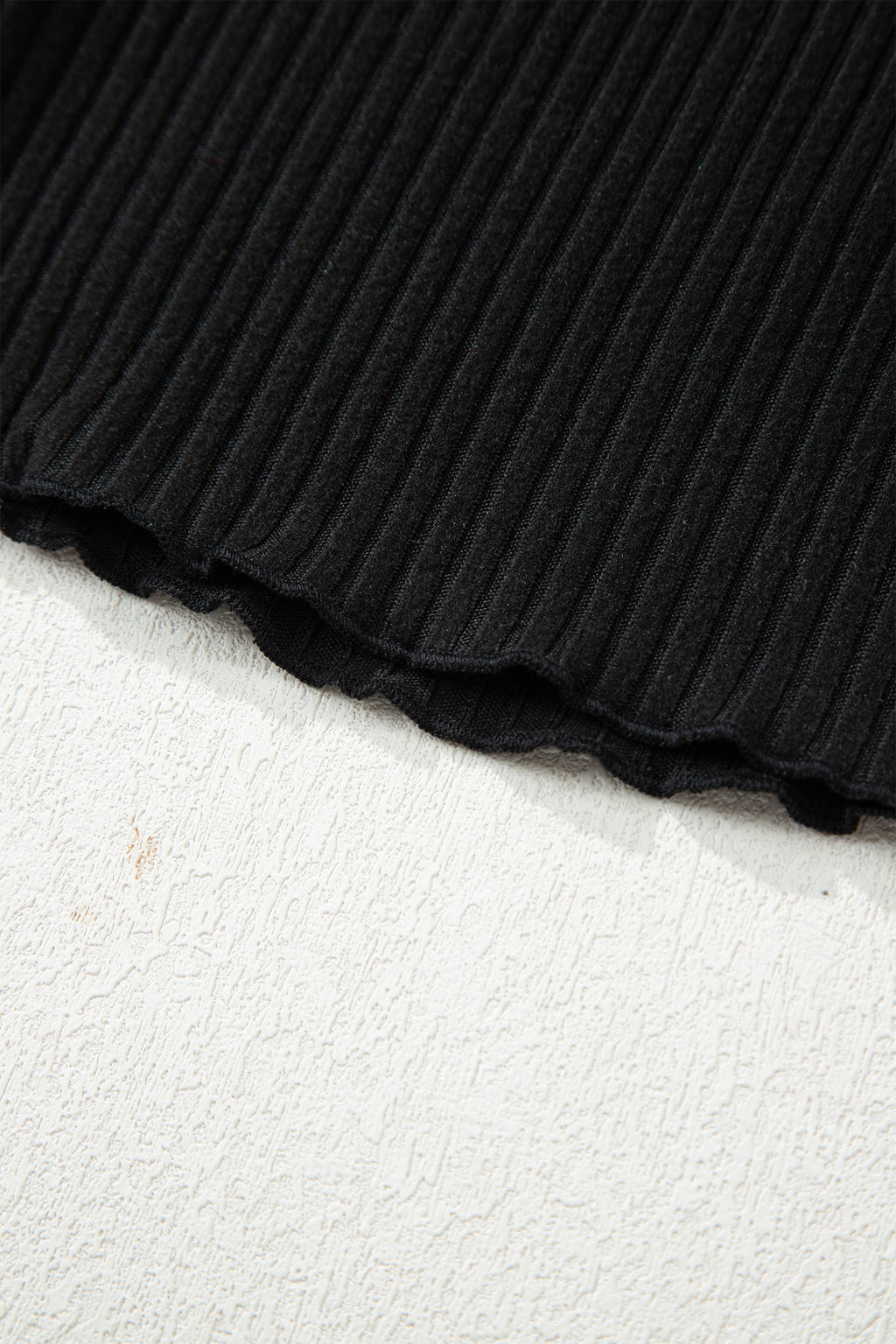 Beige Lace Neckline Button Decor Lettuce Edge Long Sleeve Ribbed Top