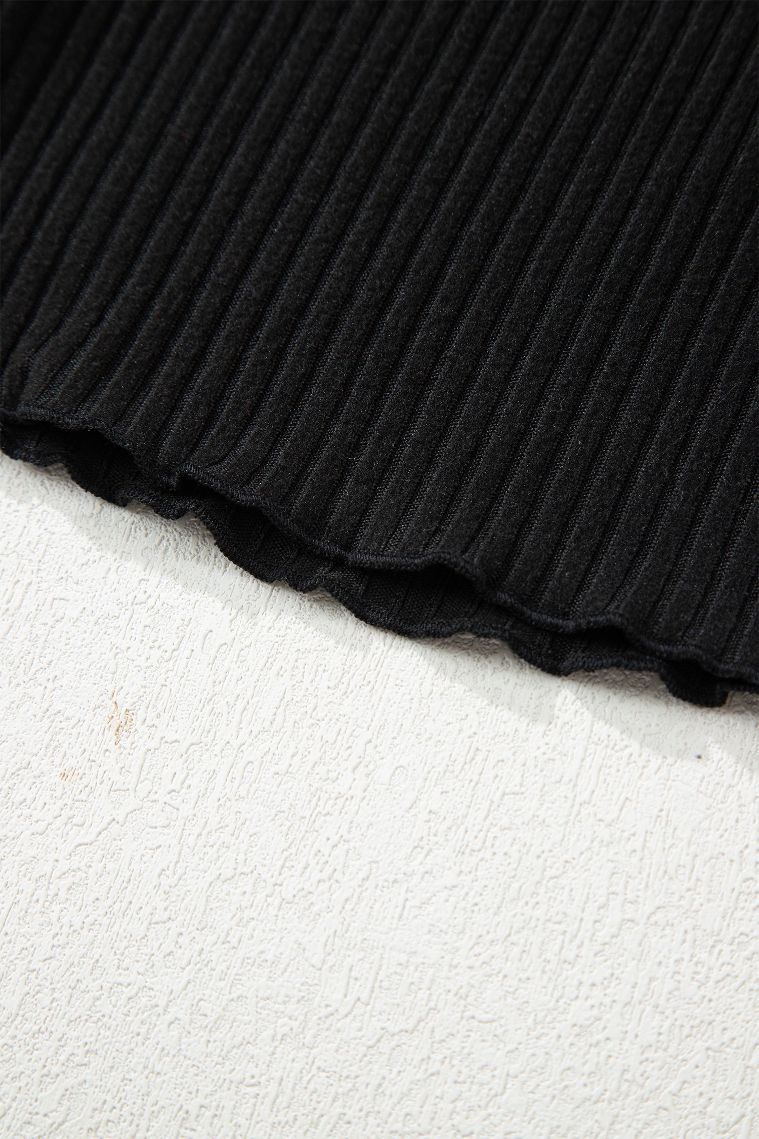 Beige Lace Neckline Button Decor Lettuce Edge Long Sleeve Ribbed Top