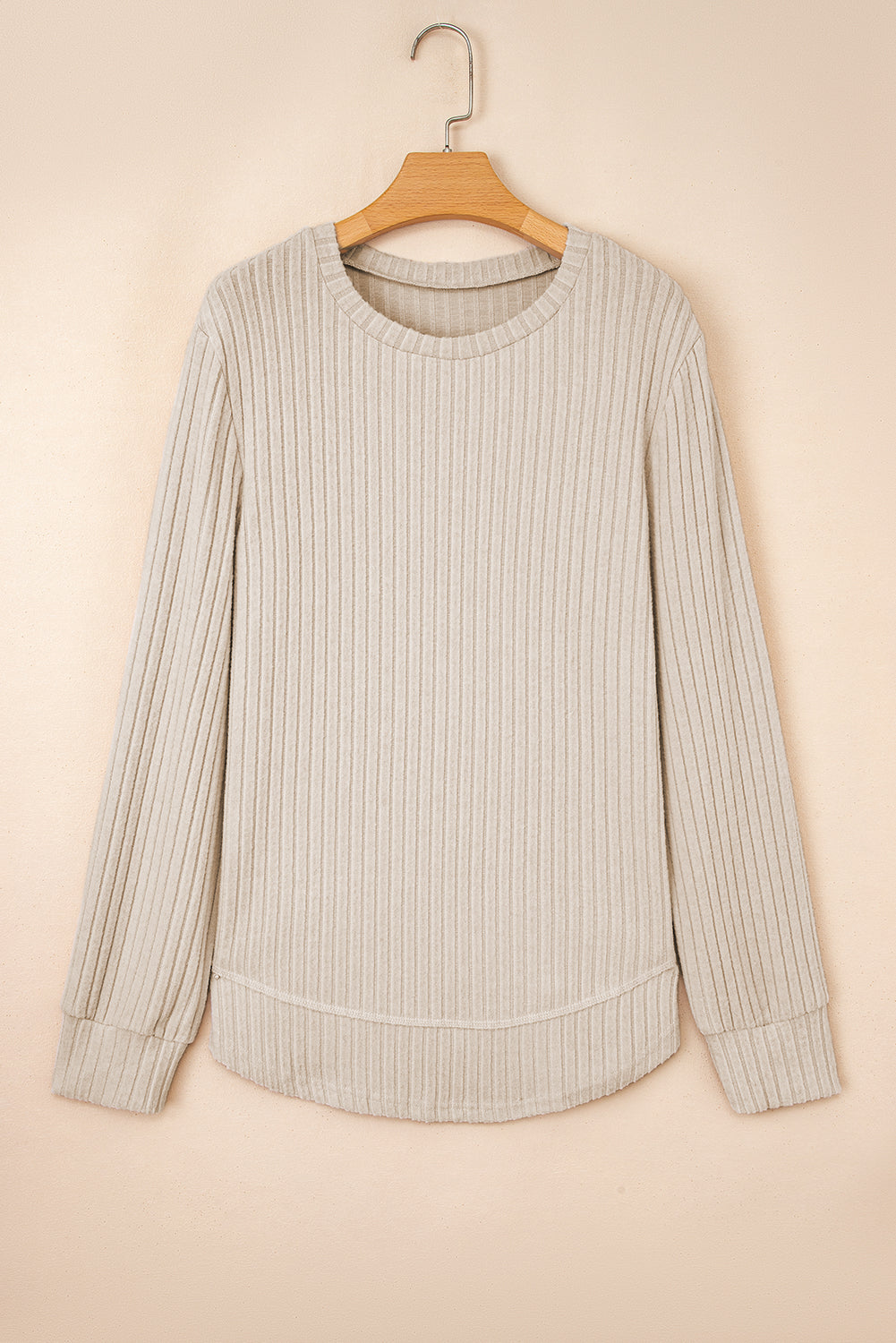White Ribbed Texture Round Neck Long Sleeve Rounded Hem Knit Top