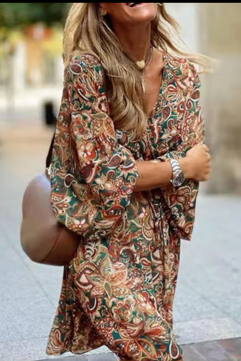 Brown Floral Print Long Sleeve Surplice Flowy Dress
