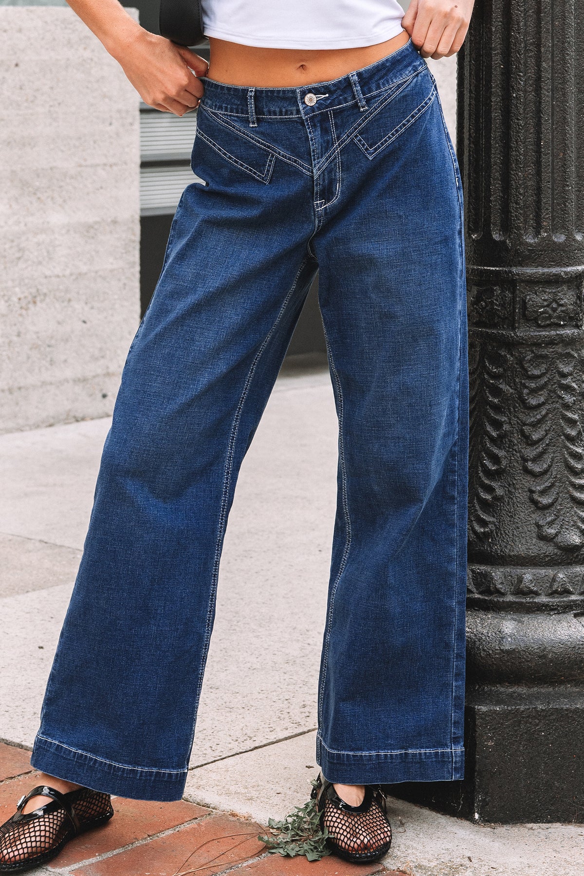 Sail Blue Stitched Waist Detail Loose Cuffed Jeans