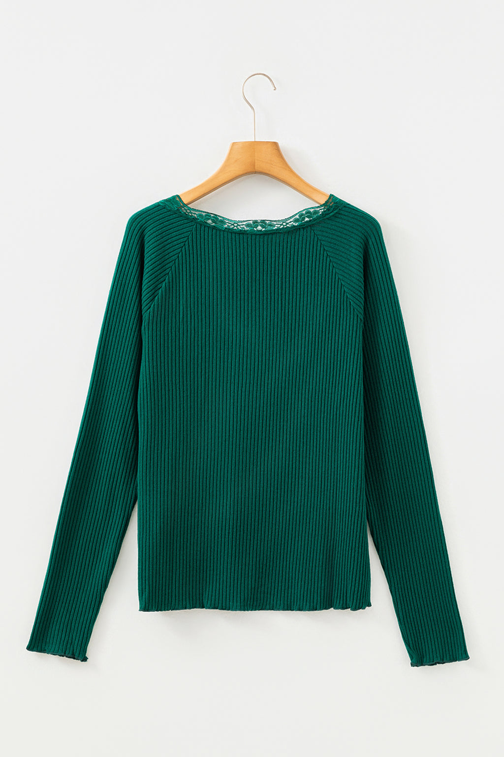 Beige Lace Neckline Button Decor Lettuce Edge Long Sleeve Ribbed Top