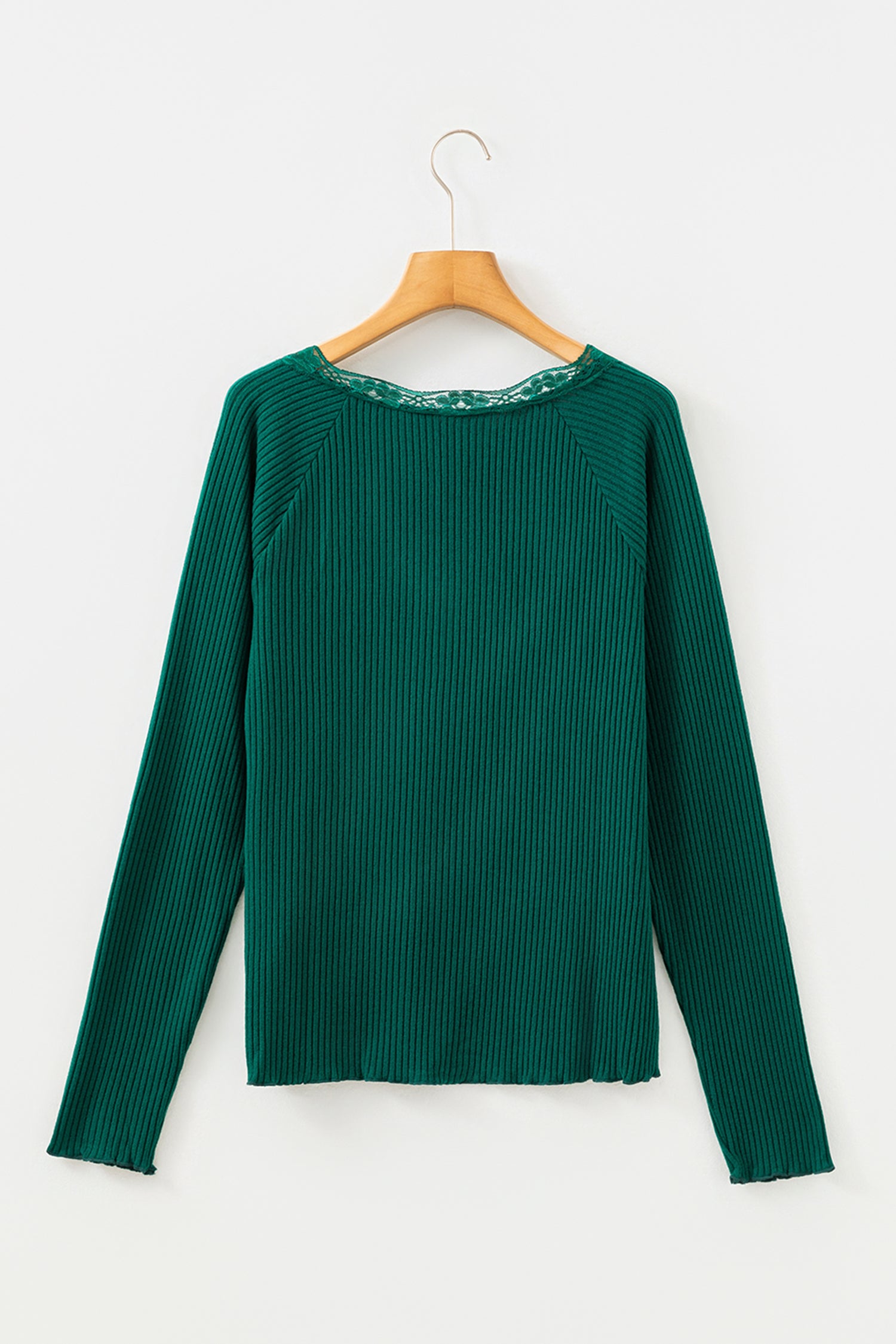 Beige Lace Neckline Button Decor Lettuce Edge Long Sleeve Ribbed Top