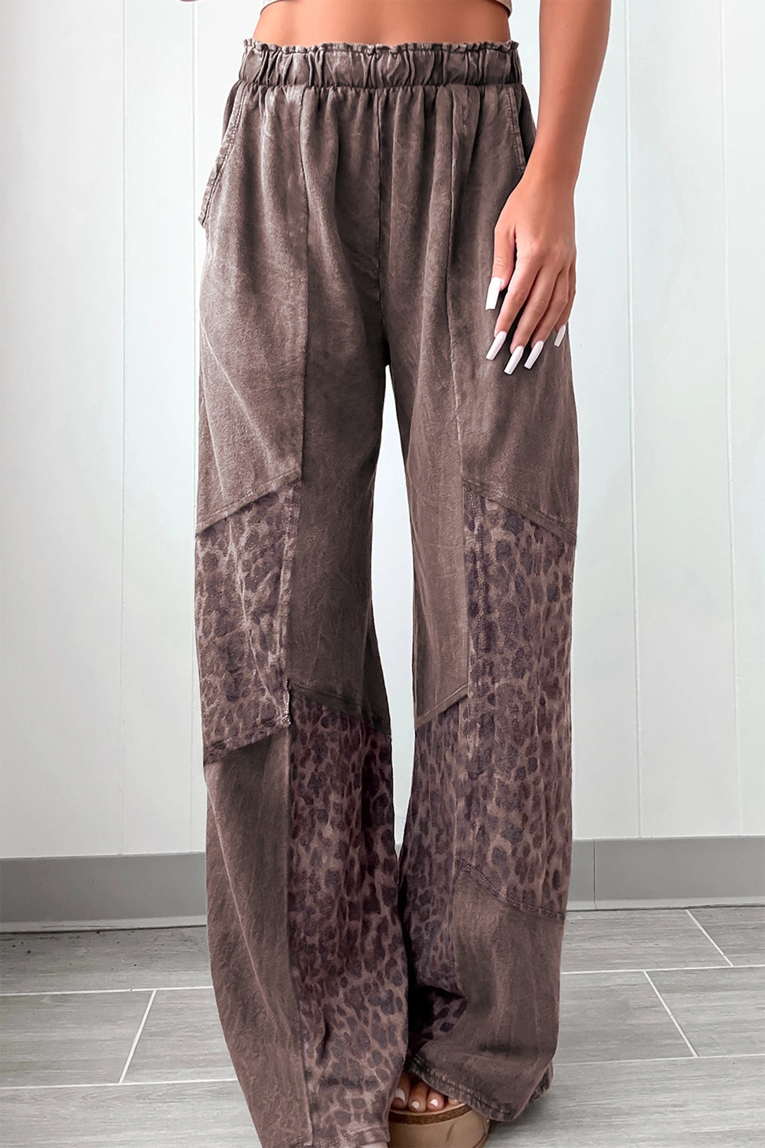 Coffee or Dark Grey Mineral Wash Leopard Patchwork Loose Pants