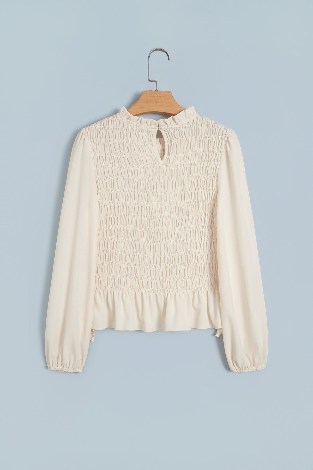 Coffee Solid Color Smocked Ruffle Hem Long Sleeve Blouse