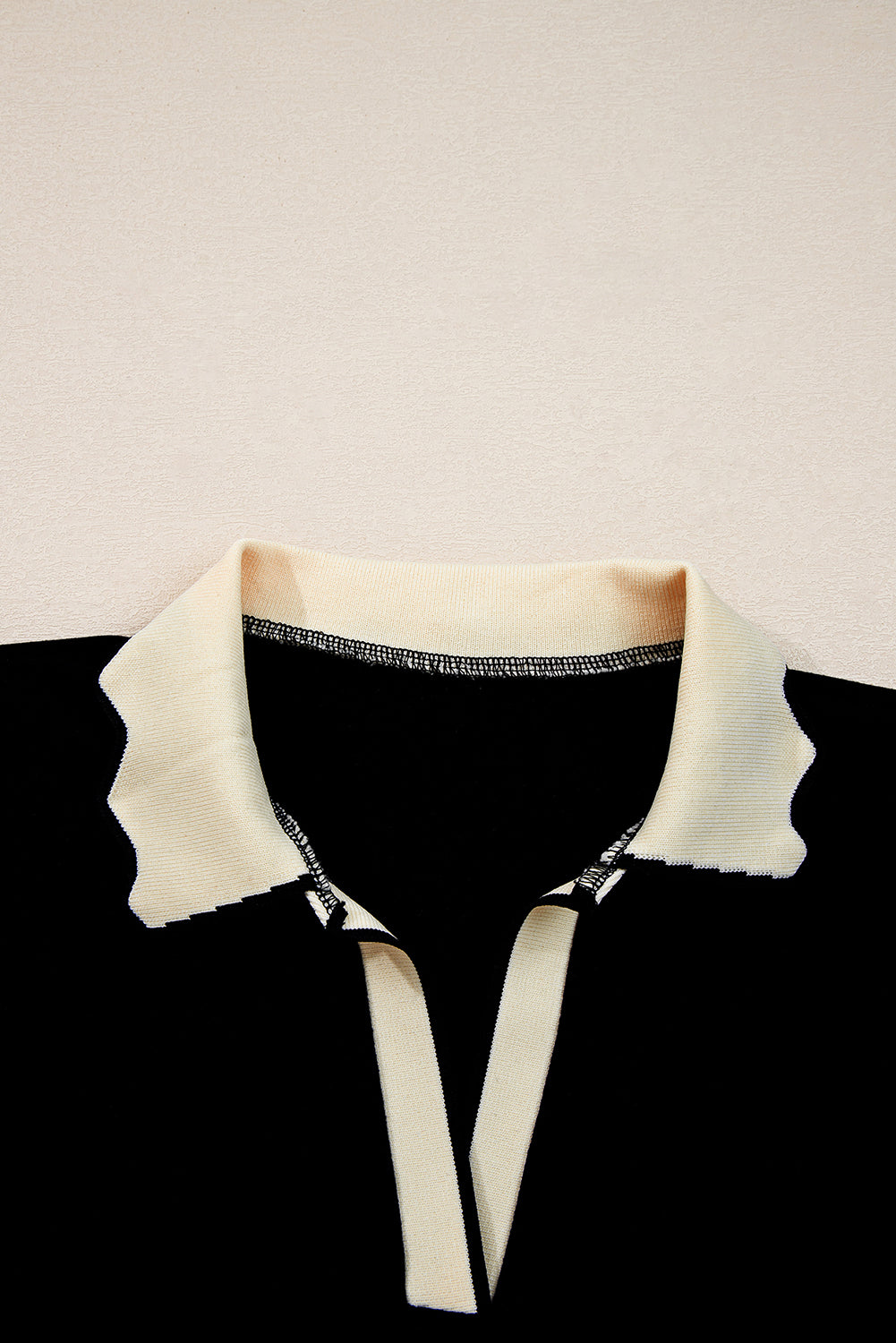 Black Scallop Trim Color Block Long Sleeve Collared Top