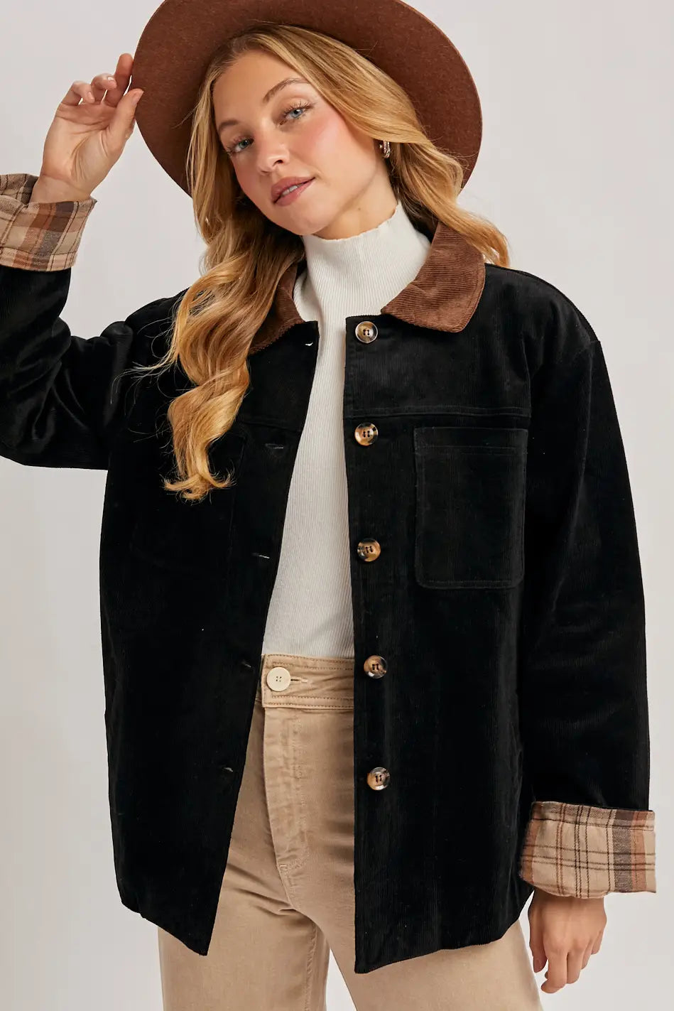 Black Corduroy Button Down Inner Plaid Bluivy Barn Coat