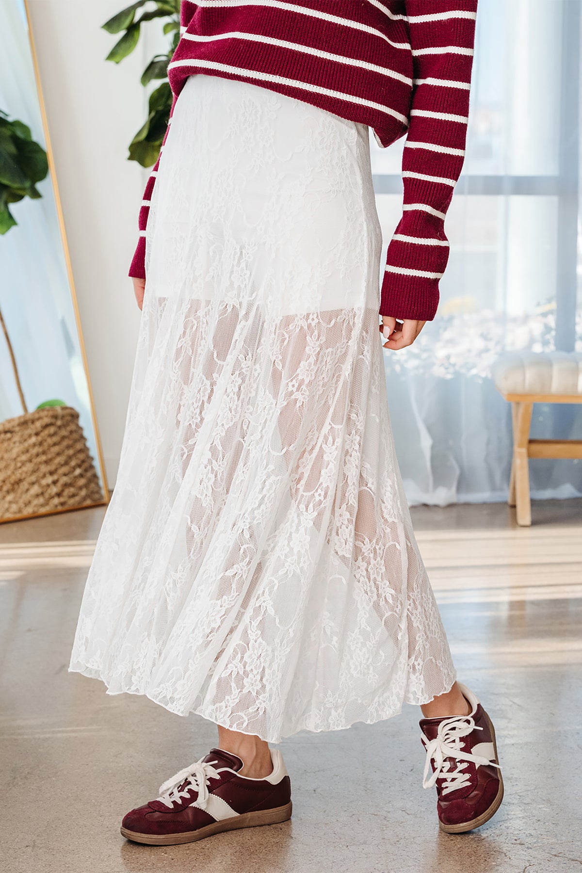 White Sheer Floral Lace Flowy Maxi Skirt