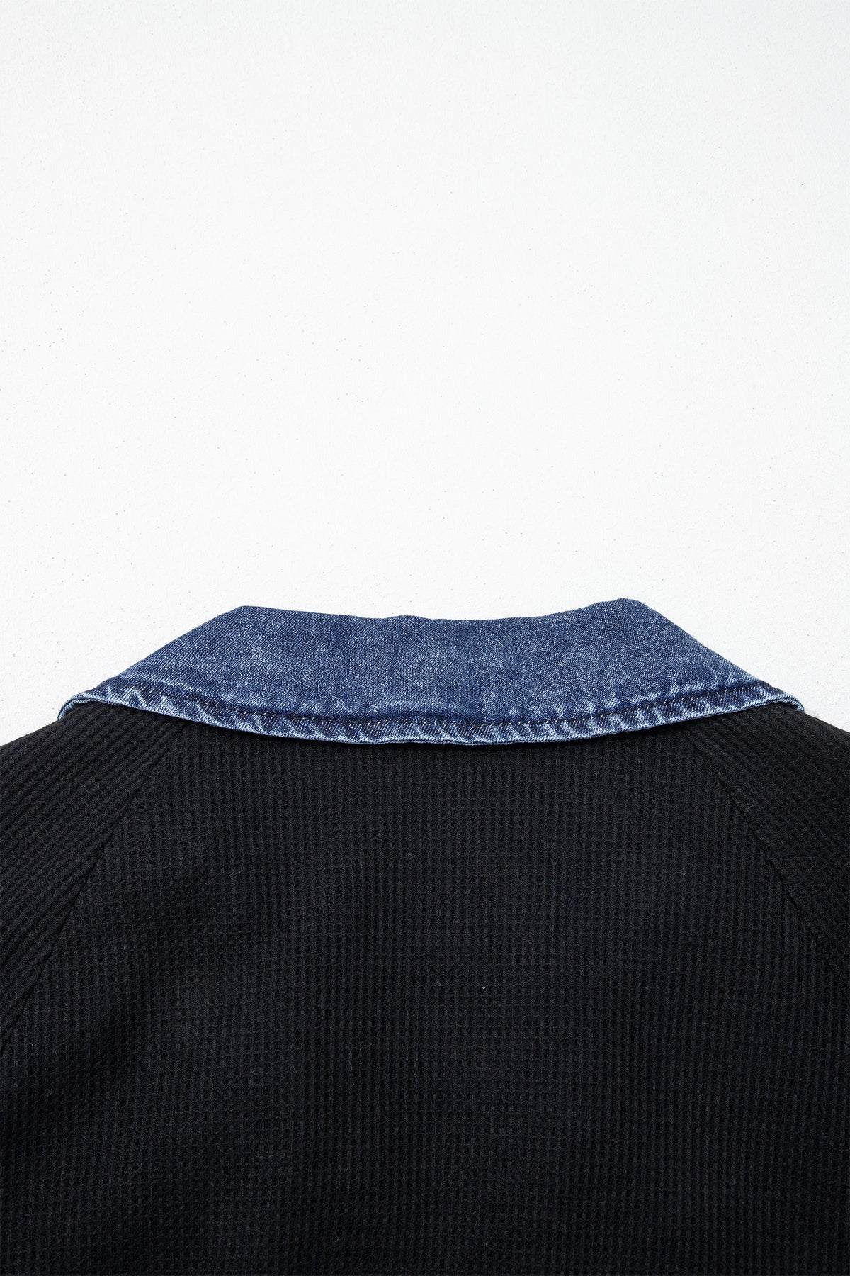 Black Waffle Knit Denim Contrast Trim Patchwork Button Polo Collar Top