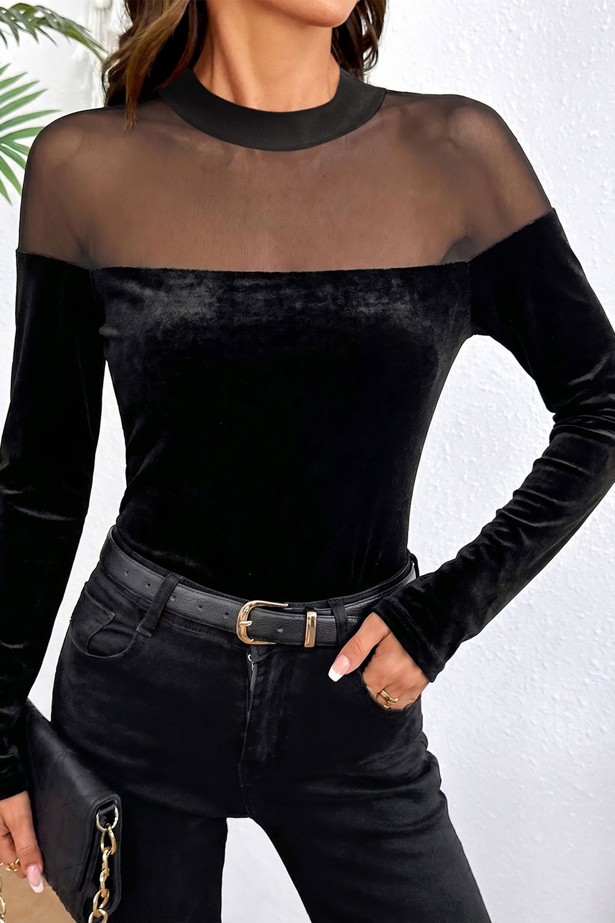 Navy Blue Velvet Long Sleeve Sheer Neck Patchwork Casual Pullover Top