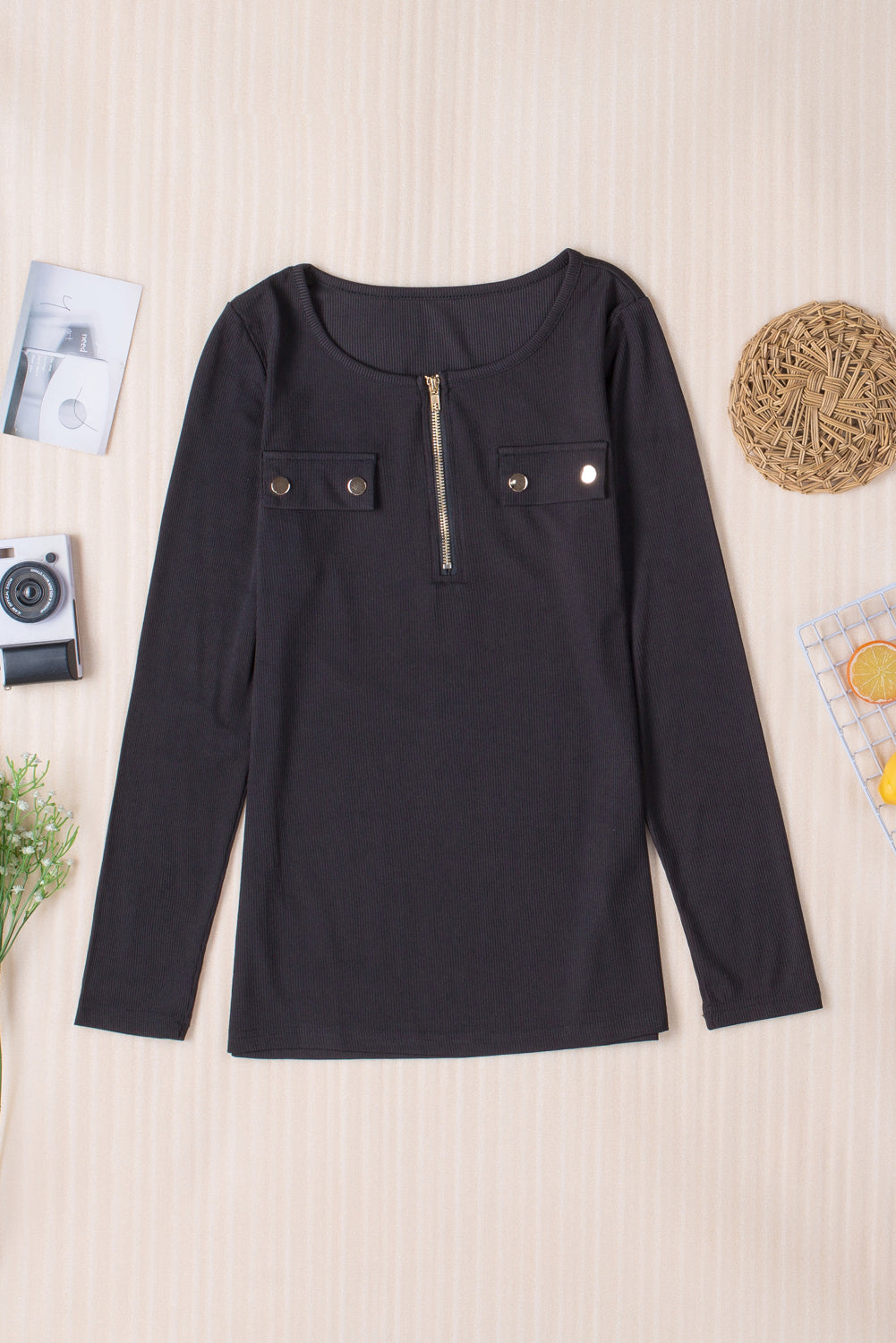 Ribbed Zipper White or Black Long Sleeve Top