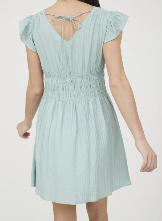 Blu Pepper Shirred Waist Ruffled Sleeve Dusty Mint Mini Dress