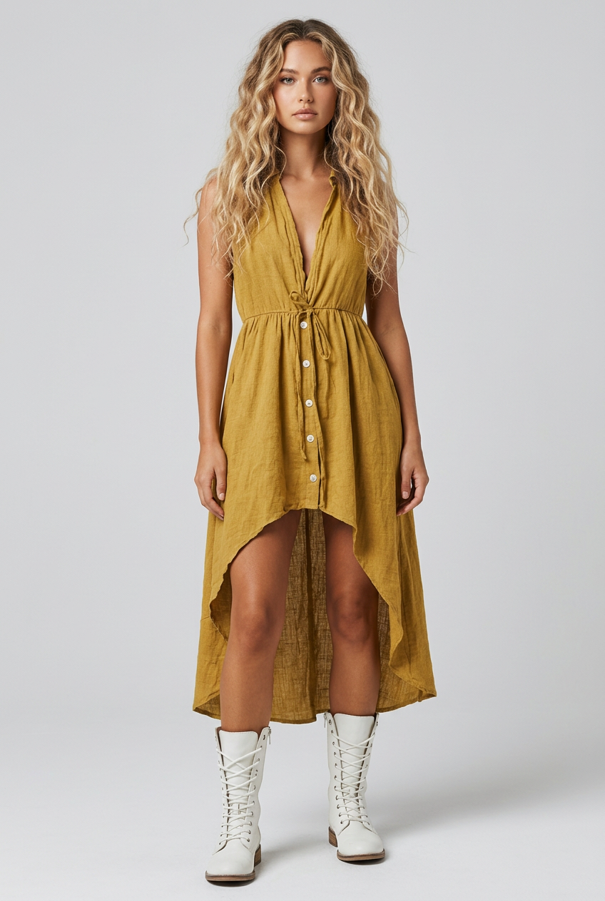 Boho Hi Low Sleeveless Autumn Yellow Sleeveless Dress