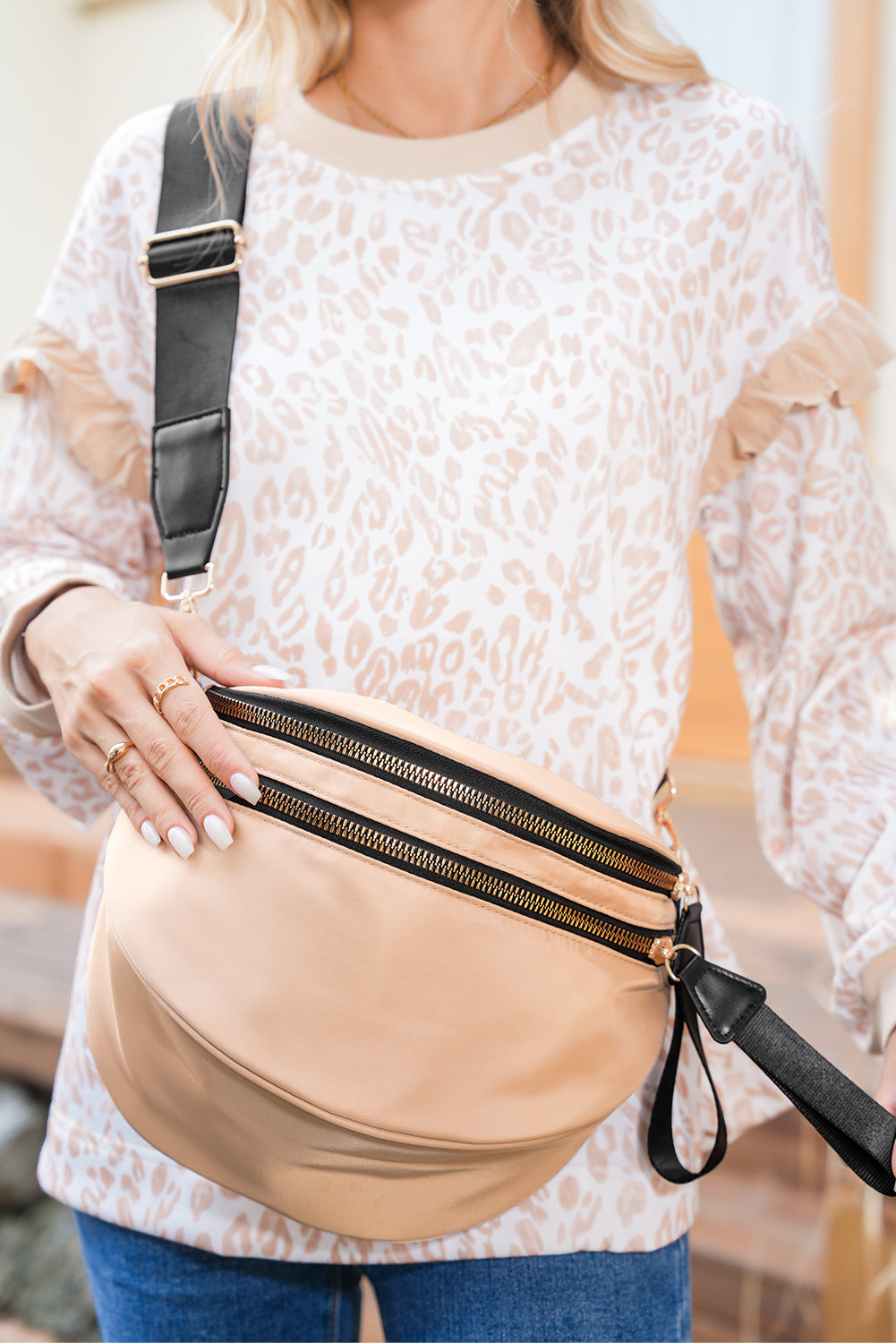 Wisteria Double Zip Crescent Shape Adjustable Sling Bag