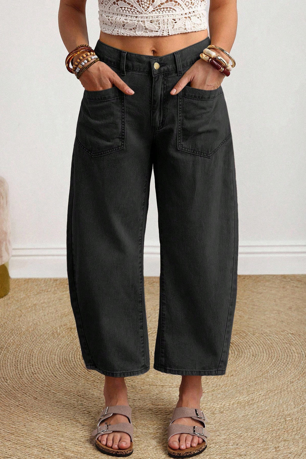 Coffee Solid Color Square Patch Pocket Ankle-length Barrel Jeans
