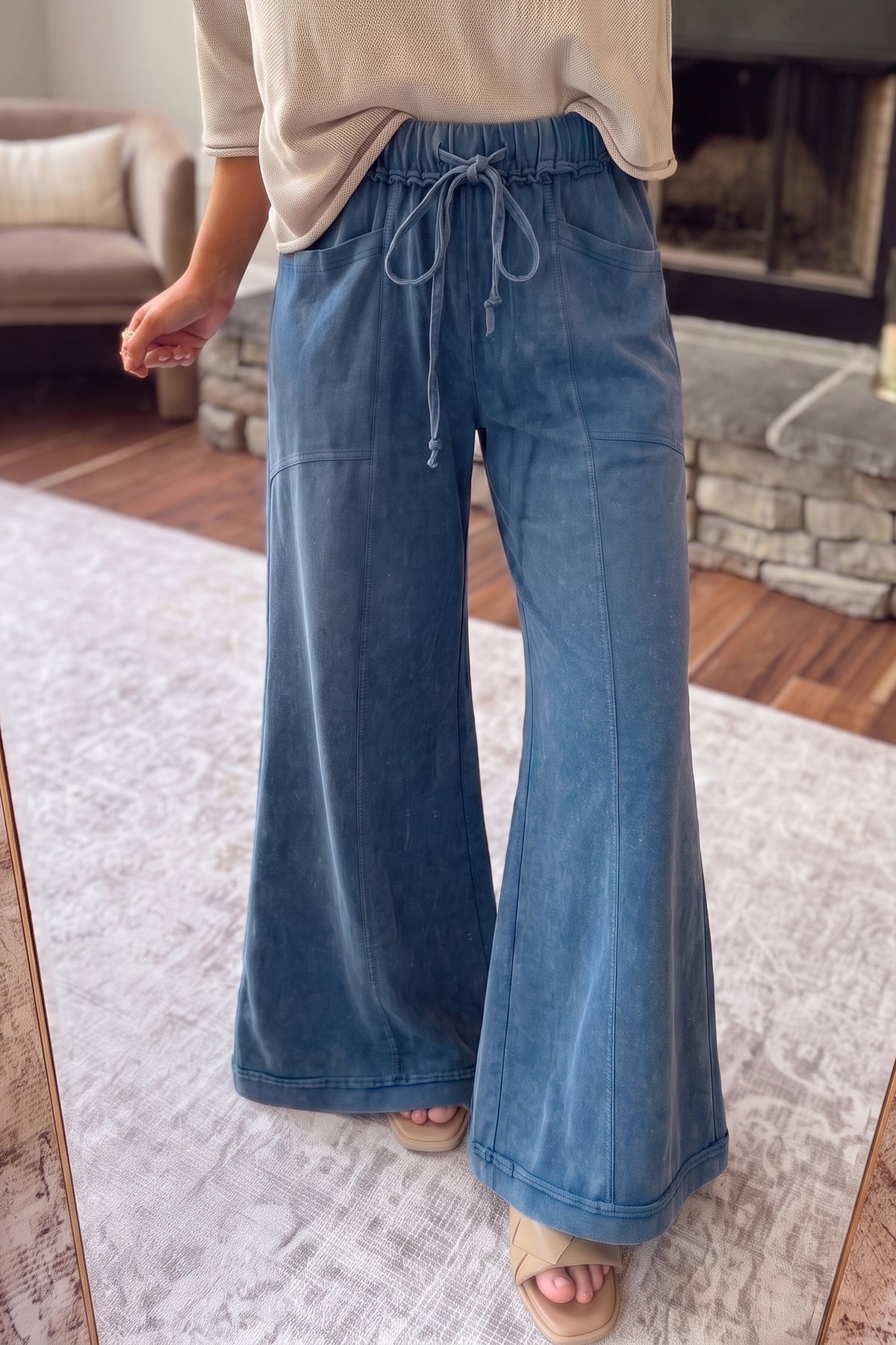 Coffee Mineral Wash Seam Detail Flare Leg Drawstring Pants