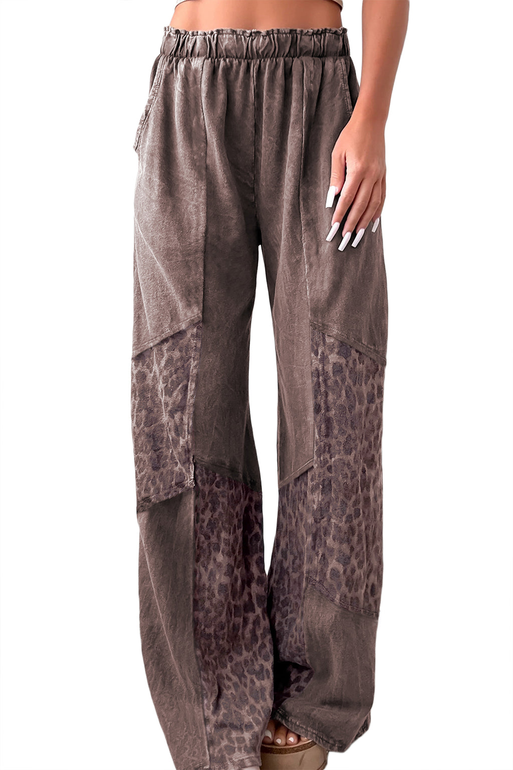 Coffee or Dark Grey Mineral Wash Leopard Patchwork Loose Pants